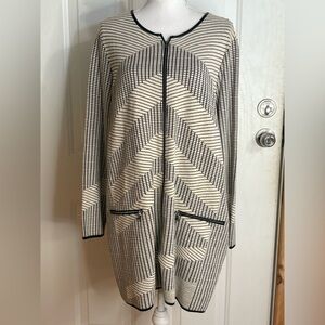 Nic & Zoe Black and Cream Printed Faux Leather Trim Zip Front Dress Size Medium